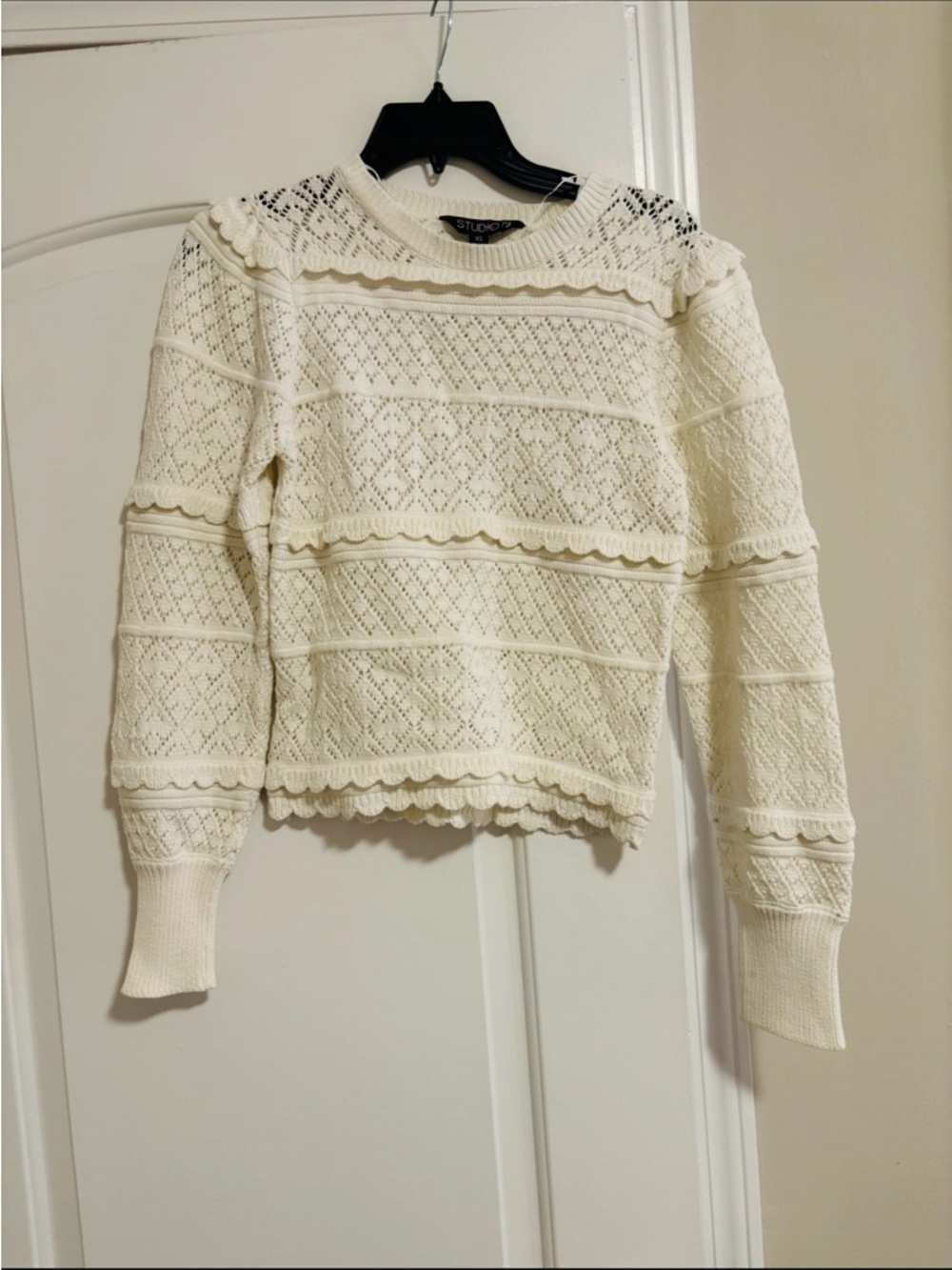 STUDIO 19, Cream/ White Knit Lace-Detail Sweater, Size XS